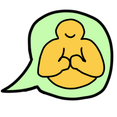 a simple, fat figure who is emoji yellow and smiling, inside a light green speech bubble.